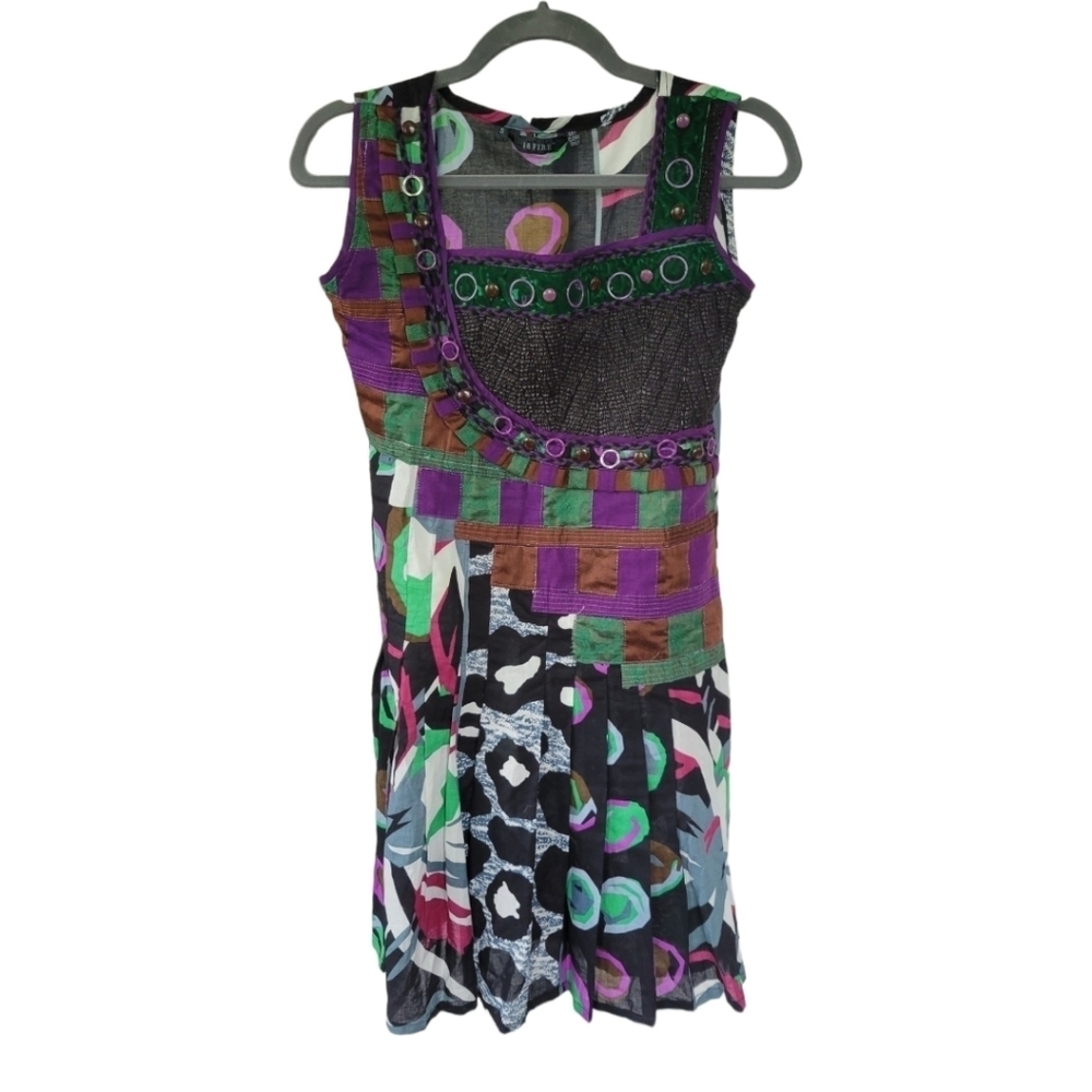 18 Fire Sz S Mixed Media Sleeveless Dress Art to Wear Boho Gypsy Pleated